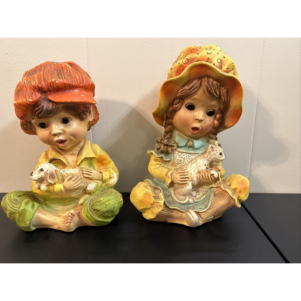 Vintage 1974 Universal Statuary Corp Boy & Girl Holding Pets Chalkware Figurines